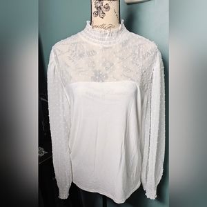 W5 Concepts NWOT Women's Ivory Swiss Dot Chiffon Mock Neck Blouse Size L